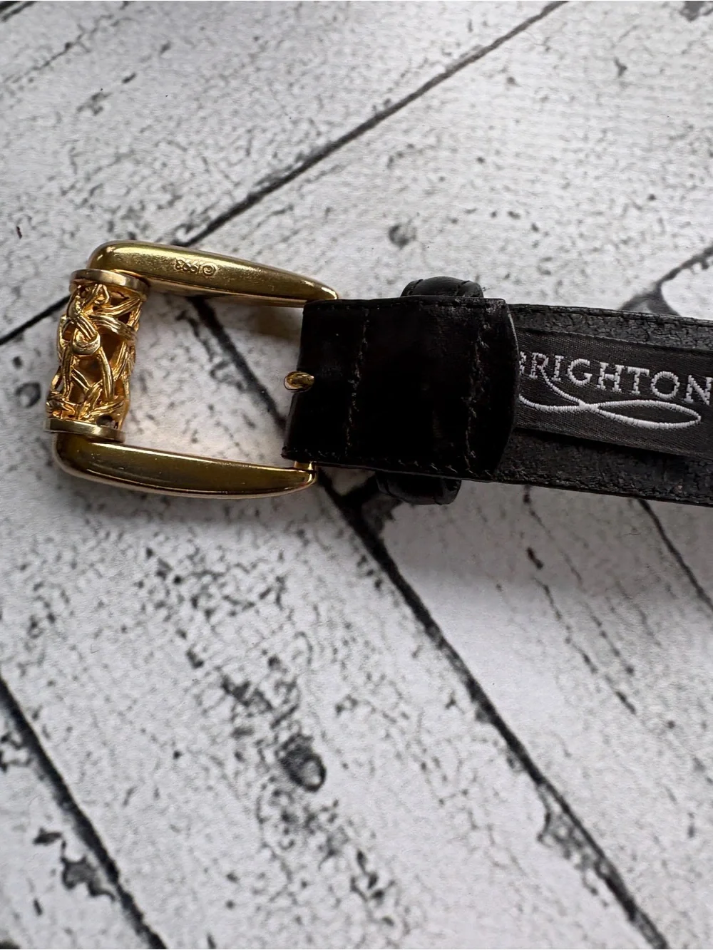 Vintage Brighton Black Leather Belt Gold Scroll Buckle Sz M